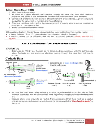 CHEM 1 [GENERAL & INORGANIC CHEMISTRY]
Aklan State University-Ibajay Campus |1st Semester, 2015-2016
© Kenneth D. Barrientos
2
Dalton’s Atomic Theory (1805)
1. All matter consists of atoms.
2. All atoms of a given element are identical, having the same size, mass and chemical
properties. The atoms of one element are different from the atoms of all other elements.
3. Compounds are formed when atoms of different elements are combined. A given compound
always has the same relative numbers and types of atoms.
4. Chemical reactions only involve the rearrangement of atoms. Atoms are not created or
destroyed in chemical reactions.
5. Atoms cannot be divided any further
200 years later, Dalton’s Atomic Theory (above) only has two modifications that must be made:
 In theory 2 above, atoms of a given element are not always identical (isotopes)
 In theory 5, atoms can be divided further into the 3 subatomic particles: proton, electron and
neutron
EARLY EXPERIMENTS TOO CHARACTERIZE ATOMS
ELECTRONS (e-)
 Discovered in 1903 by J.J. Thomson as he conducted his experiment with the cathode ray
tubes. Cathode rays are streams of electrons running through the tube from cathode to
anode.
 Because the “rays” were deflected away from the negative end of an applied electric field,
Thomson postulated that the cathode rays were negatively-charged particles called electrons
(e-).
 Because atoms were known to be neutral, Thomson reasoned that there must be a positive
charge somewhere in the atom as well. Hence, he came up with the “Plum Pudding Model” of
the atom.
 