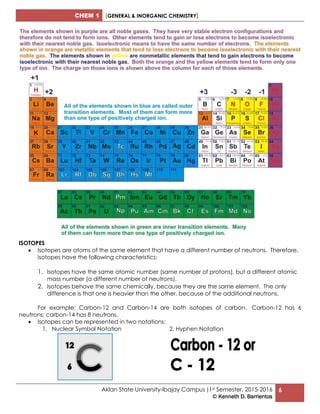 CHEM 1 [GENERAL & INORGANIC CHEMISTRY]
Aklan State University-Ibajay Campus |1st Semester, 2015-2016
© Kenneth D. Barrientos
6
ISOTOPES
 Isotopes are atoms of the same element that have a different number of neutrons. Therefore,
isotopes have the following characteristics:
1. Isotopes have the same atomic number (same number of protons), but a different atomic
mass number (a different number of neutrons).
2. Isotopes behave the same chemically, because they are the same element. The only
difference is that one is heavier than the other, because of the additional neutrons.
For example: Carbon-12 and Carbon-14 are both isotopes of carbon. Carbon-12 has 6
neutrons; carbon-14 has 8 neutrons.
 Isotopes can be represented in two notations:
1. Nuclear Symbol Notation 2. Hyphen Notation
 