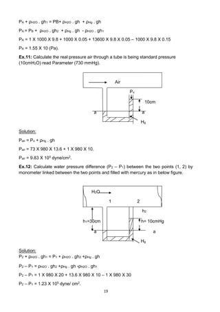 19
PA + ρH2O . gh1 = PB+ ρH2O . gh + ρHg . gh
PA = PB + ρH2O . gh2 + ρHg . gh - ρH2O . gh1
PA = 1 X 1000 X 9.8 + 1000 X 0.05 + 13600 X 9.8 X 0.05 – 1000 X 9.8 X 0.15
PA = 1.55 X 10 (Pa).
Ex.11: Calculate the real pressure air through a tube is being standard pressure
(10cmH2O) read Parameter (730 mmHg).
Air
Po
10cm
a a
Hg
Solution:
Pair = Po + ρHg . gh
Pair = 73 X 980 X 13.6 + 1 X 980 X 10.
Pair = 9.83 X 105 dyne/cm2.
Ex.12: Calculate water pressure difference (P2 – P1) between the two points (1, 2) by
monometer linked between the two points and filled with mercury as in below figure.
H2O
1 2
h2
h1=30cm h= 10cmHg
a a
Hg
Solution:
P2 + ρH2O . gh1 = P1 + ρH2O . gh2 +ρHg . gh
P2 – P1 = ρH2O . gh2 +ρHg . gh -ρH2O . gh1
P2 – P1 = 1 X 980 X 20 + 13.6 X 980 X 10 – 1 X 980 X 30
P2 – P1 = 1.23 X 105 dyne/ cm2.
 