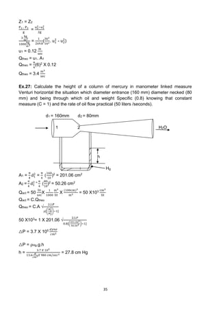 35
Z1 = Z2
P1− P2
g
=
u2
2−u1
2
2g
3
kg
m2
1000
kg
m3
=
1
2x9.8
(
362
162
. u1
2
- u2
2
)
u1 = 0.12
m
sec
Qtheo = u1. A1
Qtheo =
π
4
(6)2 X 0.12
Qtheo = 3.4
m3
sec
Ex.27: Calculate the height of a column of mercury in manometer linked measure
Venturi horizontal the situation which diameter entrance (160 mm) diameter necked (80
mm) and being through which oil and weight Specific (0.8) knowing that constant
measure (C = 1) and the rate of oil flow practical (50 liters /seconds).
d1 = 160mm d2 = 80mm
1 2 H2O
h
Hg
A1 =
π
4
d1
2
=
π
4
(
160
10
)2 = 201.06 cm2
A2 =
π
4
d1
2 = π
4
(
80
10
)2 = 50.26 cm2
Qact = 50
lit
sec
X
1
1000
m3
lit
X
(100cm)3
m3
= 50 X103 cm3
lit
Qact = C.Qtheo
Qtheo = C.A √
2△P
⍴[(
A1
2
A2
2)−1]
50 X103= 1 X 201.06 √
2△𝑃
0.8[(
201.062
50.262 )−1]
△P = 3.7 X 105 𝑑𝑦𝑛𝑒
𝑐𝑚2
△P = ⍴Hg.g.h
h =
3.7 𝑋 105
13.6
𝑔
𝑐𝑚3𝑋 980 𝑐𝑚/𝑠𝑒𝑐2
= 27.8 cm Hg
 