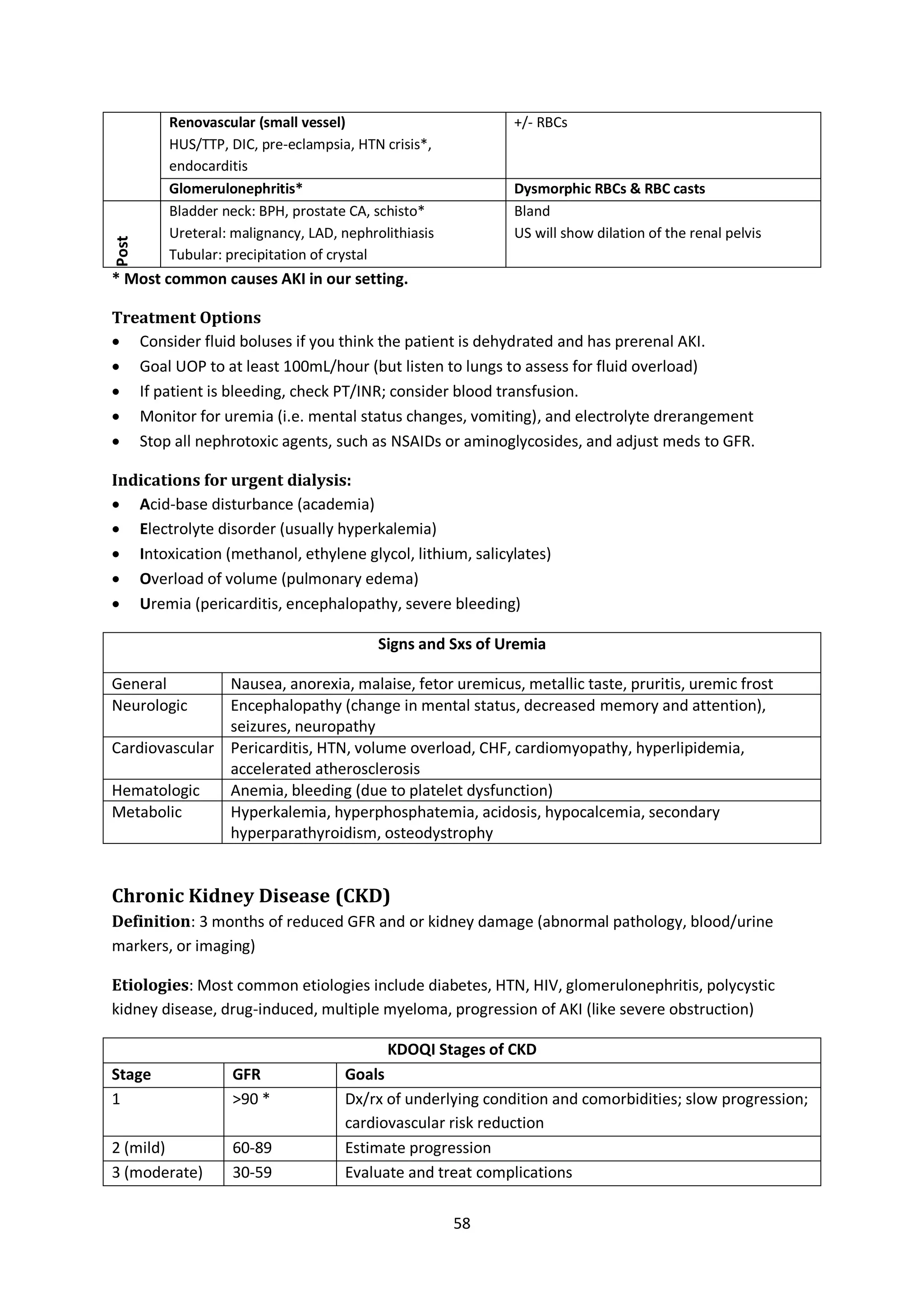 58
Renovascular (small vessel)
HUS/TTP, DIC, pre-eclampsia, HTN crisis*,
endocarditis
+/- RBCs
Glomerulonephritis* Dysmorphic RBCs & RBC casts
Post
Bladder neck: BPH, prostate CA, schisto*
Ureteral: malignancy, LAD, nephrolithiasis
Tubular: precipitation of crystal
Bland
US will show dilation of the renal pelvis
* Most common causes AKI in our setting.
Treatment Options
 Consider fluid boluses if you think the patient is dehydrated and has prerenal AKI.
 Goal UOP to at least 100mL/hour (but listen to lungs to assess for fluid overload)
 If patient is bleeding, check PT/INR; consider blood transfusion.
 Monitor for uremia (i.e. mental status changes, vomiting), and electrolyte drerangement
 Stop all nephrotoxic agents, such as NSAIDs or aminoglycosides, and adjust meds to GFR.
Indications for urgent dialysis:
 Acid-base disturbance (academia)
 Electrolyte disorder (usually hyperkalemia)
 Intoxication (methanol, ethylene glycol, lithium, salicylates)
 Overload of volume (pulmonary edema)
 Uremia (pericarditis, encephalopathy, severe bleeding)
Signs and Sxs of Uremia
General Nausea, anorexia, malaise, fetor uremicus, metallic taste, pruritis, uremic frost
Neurologic Encephalopathy (change in mental status, decreased memory and attention),
seizures, neuropathy
Cardiovascular Pericarditis, HTN, volume overload, CHF, cardiomyopathy, hyperlipidemia,
accelerated atherosclerosis
Hematologic Anemia, bleeding (due to platelet dysfunction)
Metabolic Hyperkalemia, hyperphosphatemia, acidosis, hypocalcemia, secondary
hyperparathyroidism, osteodystrophy
Chronic Kidney Disease (CKD)
Definition: 3 months of reduced GFR and or kidney damage (abnormal pathology, blood/urine
markers, or imaging)
Etiologies: Most common etiologies include diabetes, HTN, HIV, glomerulonephritis, polycystic
kidney disease, drug-induced, multiple myeloma, progression of AKI (like severe obstruction)
KDOQI Stages of CKD
Stage GFR Goals
1 >90 * Dx/rx of underlying condition and comorbidities; slow progression;
cardiovascular risk reduction
2 (mild) 60-89 Estimate progression
3 (moderate) 30-59 Evaluate and treat complications
 
