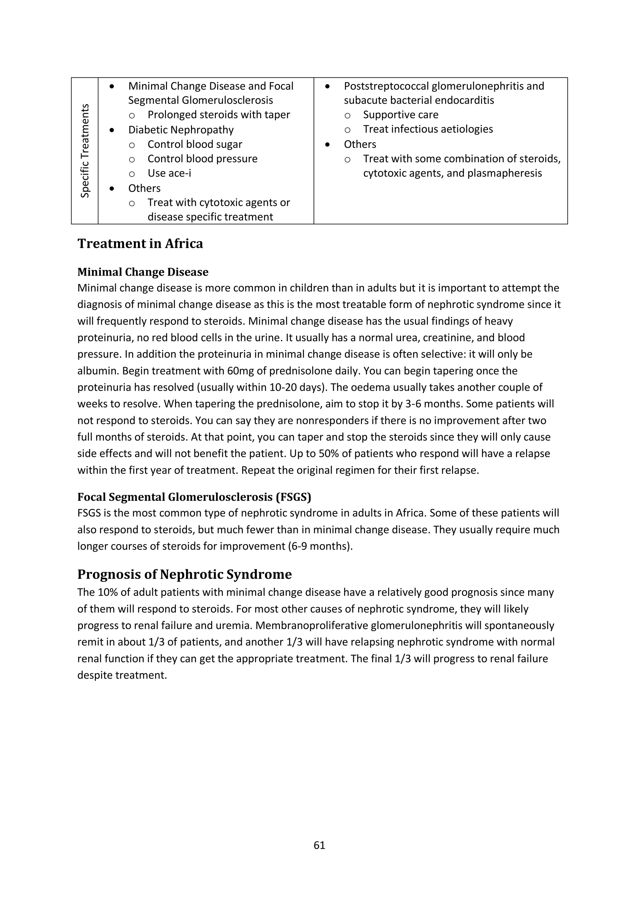 61
SpecificTreatments  Minimal Change Disease and Focal
Segmental Glomerulosclerosis
o Prolonged steroids with taper
 Diabetic Nephropathy
o Control blood sugar
o Control blood pressure
o Use ace-i
 Others
o Treat with cytotoxic agents or
disease specific treatment
 Poststreptococcal glomerulonephritis and
subacute bacterial endocarditis
o Supportive care
o Treat infectious aetiologies
 Others
o Treat with some combination of steroids,
cytotoxic agents, and plasmapheresis
Treatment in Africa
Minimal Change Disease
Minimal change disease is more common in children than in adults but it is important to attempt the
diagnosis of minimal change disease as this is the most treatable form of nephrotic syndrome since it
will frequently respond to steroids. Minimal change disease has the usual findings of heavy
proteinuria, no red blood cells in the urine. It usually has a normal urea, creatinine, and blood
pressure. In addition the proteinuria in minimal change disease is often selective: it will only be
albumin. Begin treatment with 60mg of prednisolone daily. You can begin tapering once the
proteinuria has resolved (usually within 10-20 days). The oedema usually takes another couple of
weeks to resolve. When tapering the prednisolone, aim to stop it by 3-6 months. Some patients will
not respond to steroids. You can say they are nonresponders if there is no improvement after two
full months of steroids. At that point, you can taper and stop the steroids since they will only cause
side effects and will not benefit the patient. Up to 50% of patients who respond will have a relapse
within the first year of treatment. Repeat the original regimen for their first relapse.
Focal Segmental Glomerulosclerosis (FSGS)
FSGS is the most common type of nephrotic syndrome in adults in Africa. Some of these patients will
also respond to steroids, but much fewer than in minimal change disease. They usually require much
longer courses of steroids for improvement (6-9 months).
Prognosis of Nephrotic Syndrome
The 10% of adult patients with minimal change disease have a relatively good prognosis since many
of them will respond to steroids. For most other causes of nephrotic syndrome, they will likely
progress to renal failure and uremia. Membranoproliferative glomerulonephritis will spontaneously
remit in about 1/3 of patients, and another 1/3 will have relapsing nephrotic syndrome with normal
renal function if they can get the appropriate treatment. The final 1/3 will progress to renal failure
despite treatment.
 