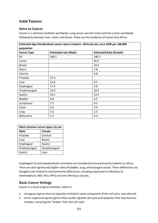 161
Solid Tumors
Intro to Cancer
Cancer is a common condition worldwide; Lung cancer was the most common cancer worldwide,
followed by stomach, liver, colon, and breast. These are the incidence of cancer East Africa:
Estimated Age-Standardized cancer rates in Eastern Africa by sex, circa 1990 per 100,000
population
Cancer Type Estimated rate (Male) Estimated Rate (female)
All 186.5 180.7
Cervix 49.2
Breast 19.4
Ovary 7.8
Uterine 4.8
Prostate 27.4
Liver 21.8 9.5
Esophageal 17.4 4.8
Oropharyngeal 16.9 10.4
Gastric 14.1 13.3
Bladder 8.0 4.5
Lymphoma 7.5 4.5
Colon 6.5 3.9
Lung 5.5 1.3
Melanoma 5.3 4.3
Most common cancer types, by sex
Male Female
Prostate Cervical
Liver Breast
Esophageal Gastric
Oropharyngeal Oropharyngeal
Gastric Liver
Esophageal CA and hepatocellular carcinoma are considered to be particularly endemic to Africa.
There are also significantly higher rates of bladder, lung, and laryngeal cancer. These differences are
thought to be related to environmental differences, including exposures to infectious (S.
haemotobium, HBV, HCV, HPV) and non-infectious sources.
Basic Cancer biology
Cancer is a result of gene mutation, either in:
1. oncogenes (genes that are typically involved in some component of the cell cycle, now altered)
2. tumor suppressor genes (genes that usually regulate cell cycle and apoptosis that may become
mutates, removing the “brakes” from the cell cycle
 