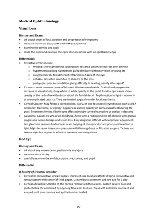 177
Medical Ophthalmology
Visual Loss
History and Exam:
 ask about onset of loss, duration and progression of symptoms
 measure the visual acuity with and without a pinhole
 examine the cornea and pupil
 dilate the pupil and examine the optic disc and retina with an ophthalmoscope
Differential:
 Refractive errors include:
o myopia: short sightedness causing poor distance vision; will correct with pinhole
o hypermetropia: long-sightedness giving difficulty with near vision in young pts
o astigmatism: die to a different refraction in 2 axes of the eye
o aphakia: refractive error due to absence of the lens
o pesbyopia: poor accomidation giving difficulty in reading, usually after age 40
 Cataracts: most common cause of bilateral blindness worldwide. Gradual and progressive
decrease in visual acuity. Grey-white to white opacity in the pupil. Fundoscopic exam shows
opacity of the red reflex with obscuration f the fundal detail. Pupil reaction to light is normal in
an uncomplicated cataract. They are treated surgically under local anesthesia.
 Corneal Opacity: May follow a corneal ulcer, injury, or due to a specific eye disease such as vit A
deficiency, trachoma, or leprosy. Appears as a white opacity on cornea usually obscuring the
pupil. Treatment limited.If both eyes affected,maybe corneal transplant or optical iridectomy
 Glaucoma: Causes 10-20% of all blindness. Acute with a red painful eye OR chronic with gradual
progressive nerve damage and vision loss. Early diagnosis difficult without proper equipment;
late glaucoma seen on fundoscopic exam cupping of the optic disc and poor pupil reaction to
light. Mgt: decrease intraocular pressure with life-long drops or filtration surgery. Tx does not
restore sight but is given in effort to preserve remaining vision.
Red Eye
History and Exam
 ask about any known cause, particularly any injury
 measure visual acuity
 carefully examine the eyelids, conjunctiva, cornea, and pupil
Differential
if history of trauma, consider
 Corneal or conjunctival foreign bodies: if present, use local anesthetic drop to conjunctiva and
remove gently with corner of thick paper. Use antibiotic ointment and eye pad for 1 day
 Corneal abrasions: Scratche to the cornea removes epithelial cells. Sudden severe pain and
photophobia. Dx confirmed by applying florescein to stain. Treat with antibiotic ointment and
eye pad until pain resolves and epithelium has healed
 
