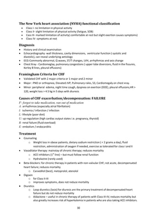 30
The New York heart association (NYHA) functional classification
 Class I- no limitation in physical activity
 Class II- slight limitation of physical activity (fatigue, SOB)
 Cass III- marked limitation of activity( comfortable at rest but slight exertion causes symptoms)
 Class IV- symptoms at rest
Diagnosis
 History and clinical examination
 Echocardiography -wall thickness, cavity dimensions, ventricular function ( systolic and
diastolic), can reveal underlying aetiology
 ECG-Commonly abnormal, Q waves, ST/T changes, LVH, arrhythmias and axis change
 Chest Xray - Cardiomeglay, pulmonary congestions ( upper lobe diversions, fluid in the fissures,
Kerley B lines, pleural effusions)
Framingham Criteria for CHF
 Validated CHF with 2 major criteria or 1 major and 2 minor
 Major : PND or orthopnea, Elevated JVP, Pulmonary rales, S3, Cardiomegaly on chest xray.
 Minor :peripheral edema, night time cough, dyspnea on exertion (DOE), pleural effusions,HR >
120, weight loss > 4.5 kg in 5 days with diuresis
Causes of CHF exacerbation/decompensation: FAILURE
F: forgot to take medication, ran out of medication
A: arrhythmias (especially atrial fibrillation)
I: ischemia / infarction / infection
L: lifestyle (poor diet)
U: up-regulation (high cardiac output states i.e. pregnancy, thyroid)
R: renal failure (fluid overload)
E: embolism / endocarditis
Treatment
 Counseling
o Weight loss in obese patients, dietary sodium restriction ( < 2 grams a day), fluid
restriction, administration of oxygen if needed, exercise as tolerated for class I and II
 Vasodilator therapy: mainstay of chronic therapy; reduces mortality
o ACE inhibitors (1st
line) – but must follow renal function
o Hydralazine (rarely used)
 Beta-blockers: for chronic therapy in patients with non-valvular CHF; not acute, decompensated
heart failure; reduces mortality
o Carvedilol (best), metoprolol, atenolol
 Digoxin
o for Class II-III
o improves symptoms, does not reduce mortality
 Diuretics
o Loop diuretics (lasix) for diuresis are the primary treatment of decompensated heart
failure but do not reduce mortality
o Aldactone – useful in chronic therapy of patients with Class III-IV; reduces mortality but
also greatly increases risk of hyperkalemia in patients who are also taking ACE inhibitors.
 