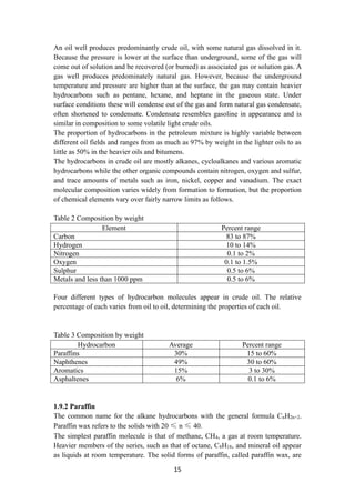 15
An oil well produces predominantly crude oil, with some natural gas dissolved in it.
Because the pressure is lower at the surface than underground, some of the gas will
come out of solution and be recovered (or burned) as associated gas or solution gas. A
gas well produces predominately natural gas. However, because the underground
temperature and pressure are higher than at the surface, the gas may contain heavier
hydrocarbons such as pentane, hexane, and heptane in the gaseous state. Under
surface conditions these will condense out of the gas and form natural gas condensate,
often shortened to condensate. Condensate resembles gasoline in appearance and is
similar in composition to some volatile light crude oils.
The proportion of hydrocarbons in the petroleum mixture is highly variable between
different oil fields and ranges from as much as 97% by weight in the lighter oils to as
little as 50% in the heavier oils and bitumens.
The hydrocarbons in crude oil are mostly alkanes, cycloalkanes and various aromatic
hydrocarbons while the other organic compounds contain nitrogen, oxygen and sulfur,
and trace amounts of metals such as iron, nickel, copper and vanadium. The exact
molecular composition varies widely from formation to formation, but the proportion
of chemical elements vary over fairly narrow limits as follows.
Table 2 Composition by weight
Element Percent range
Carbon 83 to 87%
Hydrogen 10 to 14%
Nitrogen 0.1 to 2%
Oxygen 0.1 to 1.5%
Sulphur 0.5 to 6%
Metals and less than 1000 ppm 0.5 to 6%
Four different types of hydrocarbon molecules appear in crude oil. The relative
percentage of each varies from oil to oil, determining the properties of each oil.
Table 3 Composition by weight
Hydrocarbon Average Percent range
Paraffins 30% 15 to 60%
Naphthenes 49% 30 to 60%
Aromatics 15% 3 to 30%
Asphaltenes 6% 0.1 to 6%
1.9.2 Paraffin
The common name for the alkane hydrocarbons with the general formula CnH2n+2.
Paraffin wax refers to the solids with 20 ≤ n ≤ 40.
The simplest paraffin molecule is that of methane, CH4, a gas at room temperature.
Heavier members of the series, such as that of octane, C8H18, and mineral oil appear
as liquids at room temperature. The solid forms of paraffin, called paraffin wax, are
 