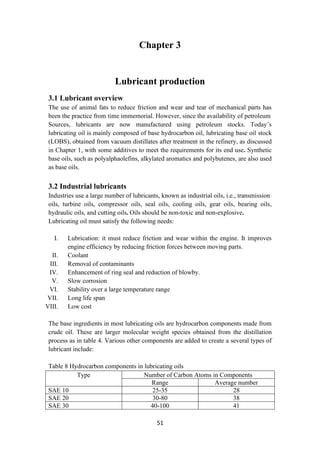 51
Chapter 3
Lubricant production
3.1 Lubricant overview
The use of animal fats to reduce friction and wear and tear of mechanical parts has
been the practice from time immemorial. However, since the availability of petroleum
Sources, lubricants are now manufactured using petroleum stocks. Today’s
lubricating oil is mainly composed of base hydrocarbon oil, lubricating base oil stock
(LOBS), obtained from vacuum distillates after treatment in the refinery, as discussed
in Chapter 1, with some additives to meet the requirements for its end use. Synthetic
base oils, such as polyalphaolefins, alkylated aromatics and polybutenes, are also used
as base oils.
3.2 Industrial lubricants
Industries use a large number of lubricants, known as industrial oils, i.e., transmission
oils, turbine oils, compressor oils, seal oils, cooling oils, gear oils, bearing oils,
hydraulic oils, and cutting oils. Oils should be non-toxic and non-explosive.
Lubricating oil must satisfy the following needs:
I. Lubrication: it must reduce friction and wear within the engine. It improves
engine efficiency by reducing friction forces between moving parts.
II. Coolant
III. Removal of contaminants
IV. Enhancement of ring seal and reduction of blowby.
V. Slow corrosion
VI. Stability over a large temperature range
VII. Long life span
VIII. Low cost
The base ingredients in most lubricating oils are hydrocarbon components made from
crude oil. These are larger molecular weight species obtained from the distillation
process as in table 4. Various other components are added to create a several types of
lubricant include:
Table 8 Hydrocarbon components in lubricating oils
Type Number of Carbon Atoms in Components
Range Average number
SAE 10 25-35 28
SAE 20 30-80 38
SAE 30 40-100 41
 