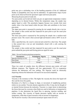 6
point may give a misleading view of the handling properties of the oil. Additional
fluidity or pumpability tests may also be undertaken. An approximate range of pour
point can be observed from the specimen's upper and lower pour point.
Measuring the pour point of crude oils.
Two pour points can be derived which can give an approximate temperature window
depending on its thermal history. Within this temperature range, the sample may
appear liquid or solid. This peculiarity happens because wax crystals form more
readily when it has been heated within the past 24hrs and contributes to the lower
pour point.
The upper pour point is measured by pouring the test sample directly into a test jar.
The sample is then cooled and then inspected for pour point as per the usual pour
point method.
The lower pour point is measured by first pouring the sample into a stainless-steel
pressure vessel. The vessel is then screwed tight and heated to above 100°C in an oil
bath.
After a specified time, the vessel is removed and cooled for a short time. The sample
is then poured into a test jar and immediately closed with a cork carrying the
thermometer.
The sample is then cooled and then inspected for pour point as per the usual pour
point method the pour point and frizzing point are equal for water.
Table 1 Several location petroleum properties
Parameters Pennington, Nigeria Lalang, Indonesia
Specific Gravity at 15ºC 0.85 0.84
Pour Point 6°C 35 °C
Specification Group 2 Group 2
These two crude oil samples show the difference between pour points will need
different responses. The Nigerian will lose approximately 35% to evaporation
whereas the Indonesian will lose nothing. The Nigerian could be chemically
dispersing whereas the Indonesian will need to be recovered completely.
1.4.2 Viscosity
Viscosity is the resistance to flow. The higher the viscosity the slower the liquid will
flow and the lower the quality.
Resistance of a fluid to a change in shape, or movement of neighboring portions
relative to one another. Viscosity denotes opposition to flow. It may also be thought of
as internal friction between the molecules. Viscosity is a major factor in determining
the forces that must be overcome when fluids are used in lubrication or transported in
pipelines. It also determines the liquid flow in spraying, injection molding, and
surface coating. The viscosity of liquids decreases rapidly with an increase in
temperature, while that of gases increases with an increase in temperature.
The SI unit for viscosity is the newton-second per square meter (N.s/m2
).
 
