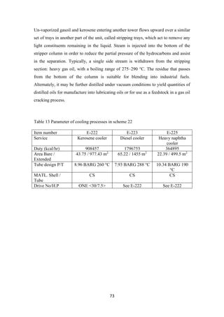 73
Un-vaporized gasoil and kerosene entering another tower flows upward over a similar
set of trays in another part of the unit, called stripping trays, which act to remove any
light constituents remaining in the liquid. Steam is injected into the bottom of the
stripper column in order to reduce the partial pressure of the hydrocarbons and assist
in the separation. Typically, a single side stream is withdrawn from the stripping
section: heavy gas oil, with a boiling range of 275–290 °C. The residue that passes
from the bottom of the column is suitable for blending into industrial fuels.
Alternately, it may be further distilled under vacuum conditions to yield quantities of
distilled oils for manufacture into lubricating oils or for use as a feedstock in a gas oil
cracking process.
Table 13 Parameter of cooling processes in scheme 22
Item number E-222 E-223 E-225
Service Kerosene cooler Diesel cooler Heavy naphtha
cooler
Duty (kcal/hr) 908457 1796753 364895
Area Bare /
Extended
43.75 / 977.43 m2
65.22 / 1455 m2
22.39 / 499.5 m2
Tube design P/T 8.96 BARG 260 °C 7.93 BARG 288 °C 10.34 BARG 190
°C
MATL. Shell /
Tube
CS CS CS
Drive No/H.P ONE <30/7.5> See E-222 See E-222
 