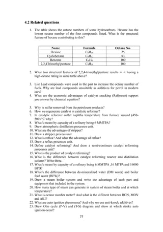 77
4.2 Related questions
1. The table shows the octane numbers of some hydrocarbons. Hexane has the
lowest octane number of the four compounds listed. What is the structural
feature of hexane contributing to this?
2. What two structural features of 2,2,4-trimethylpentane results in it having a
high-octane rating in same table above?
3. List Lead compounds were used in the past to increase the octane number of
fuels. Why are lead compounds unsuitable as additives for petrol in modern
cars?
4. What are the economic advantages of catalyst cracking (Reformer) support
you answer by chemical equation?
5. Why is sulfur removed from the petroleum products?
6. How we regenerate catalyst in catalytic reformer?
7. In catalytic reformer outlet naphtha temperature from furnace around (450-
500) °C why?
8. What’s meant by capacity of a refinery being 6 MMTPA?
9. Draw atmospheric distillation processes unit.
10. What are the advantages of stripper?
11. Draw a stripper process unit.
12. What is reflux? And what the advantage of reflux?
13. Draw a reflux processes unit.
14. Define catalyst reforming? And draw a semi-continues catalyst reforming
processes unit?
15. What is the product of catalyst reforming?
16. What is the difference between catalyst reforming reactor and distillation
column? Write three.
17. What’s meant by capacity of a refinery being 6 MMTPA ,16 MTPA and 16000
BPD?
18. What’s the difference between de-mineralized water (DM water) and boiler
feed water (BFW)?
19. Draw a steam boiler system and write the advantage of each part and
equipment that included in the system.
20. How many type of steam can generate in system of steam boiler and at which
temperature?
21. What is octane number meter? And what is the different between RON, MON
and AKI?
22. What are auto ignition phenomena? And why we use anti-knock additives?
23. Draw Otto cycle (P-V) and (T-S) diagram and show at which stroke auto
ignition occur?
Name Formula Octane No.
Hexane C6H16 25
Cyclohexane C6H12 83
Benzene C6H6 100
2,2,4Trimethylpentane C8H18 100
 