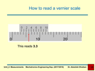 How to read a vernier scale
This reads 3.3
Unit_2: Measurements Mechatronics Engineering Dep. (2017/2018) Dr. Abdullah Dhaiban 15
 