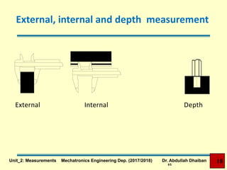 85
External Internal Depth
18Unit_2: Measurements Mechatronics Engineering Dep. (2017/2018) Dr. Abdullah Dhaiban
External, internal and depth measurement
 