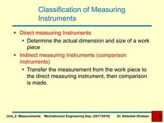 Classification of Measuring
Instruments
 Direct measuring Instruments
 Determine the actual dimension and size of a work
piece
 Indirect measuring Instruments (comparison
instruments)
 Transfer the measurement from the work piece to
the direct measuring instrument, then comparison
is made.
Unit_2: Measurements Mechatronics Engineering Dep. (2017/2018) Dr. Abdullah Dhaiban 3
 