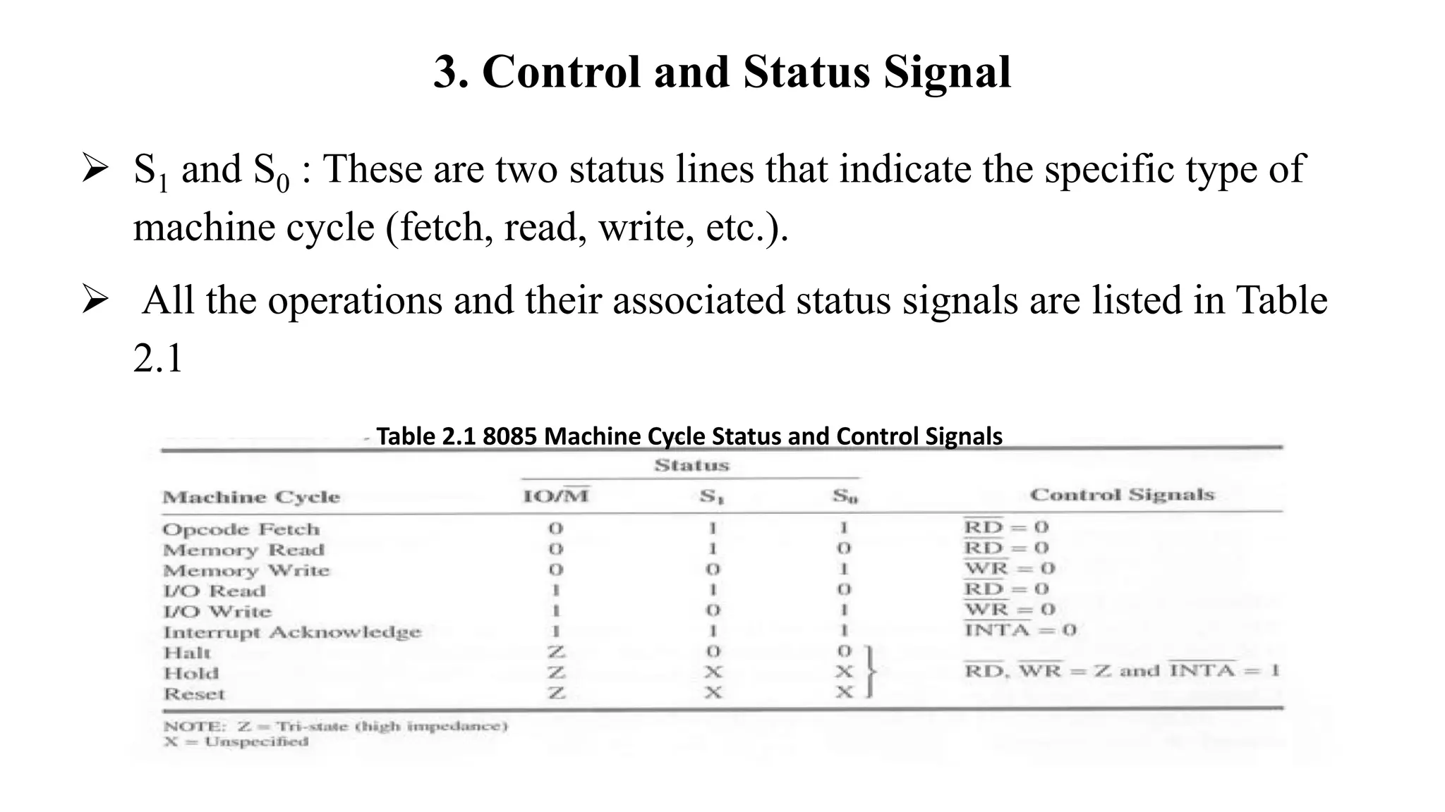 3. Control and Status Signal
➢ S1 and S0 : These are two status lines that indicate the specific type of
machine cycle (fetch, read, write, etc.).
➢ All the operations and their associated status signals are listed in Table
2.1
Table 2.1 8085 Machine Cycle Status and Control Signals
 