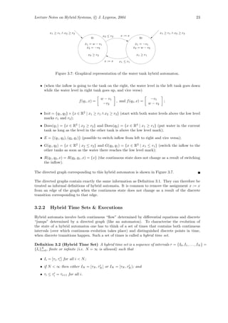 Lecture Notes on Hybrid Systems, c J. Lygeros, 2004                                                                   23



         x 1 ≥ r1 ∧ x 2 ≥ r2                                                                    x 1 ≥ r1 ∧ x 2 ≥ r2
                                                   x 2 ≤ r2     x := x
                                         q1                                   q2

                                   x1 = w − v1
                                   ˙                                        x1 = −v1
                                                                            ˙
                                     x2 = −v2
                                     ˙                                    x2 = w − v2
                                                                          ˙

                                       x 2 ≥ r2                             x 1 ≥ r1

                                                    x := x     x 1 ≤ r1



             Figure 3.7: Graphical representation of the water tank hybrid automaton.


   • (when the inﬂow is going to the tank on the right, the water level in the left tank goes down
     while the water level in right tank goes up, and vice verse)

                                                  w − v1                                −v1
                               f (q1 , x) =                   , and f (q2 , x) =                   ;
                                                   −v2                                 w − v2

   • Init = {q1 , q2 } × {x ∈ R2 | x1 ≥ r1 ∧ x2 ≥ r2 } (start with both water levels above the low level
     marks r1 and r2 );
   • Dom(q1 ) = {x ∈ R2 | x2 ≥ r2 } and Dom(q2 ) = {x ∈ R2 | x1 ≥ r1 } (put water in the current
     tank as long as the level in the other tank is above the low level mark);
   • E = {(q1 , q2 ), (q2 , q1 )} (possible to switch inﬂow from left to right and vice versa);
   • G(q1 , q2 ) = {x ∈ R2 | x2 ≤ r2 } and G(q2 , q1 ) = {x ∈ R2 | x1 ≤ r1 } (switch the inﬂow to the
     other tanks as soon as the water there reaches the low level mark);
   • R(q1 , q2 , x) = R(q2 , q1 , x) = {x} (the continuous state does not change as a result of switching
     the inﬂow).

The directed graph corresponding to this hybrid automaton is shown in Figure 3.7.

The directed graphs contain exactly the same information as Deﬁnition 3.1. They can therefore be
treated as informal deﬁnitions of hybrid automata. It is common to remove the assignment x := x
from an edge of the graph when the continuous state does not change as a result of the discrete
transition corresponding to that edge.


3.2.2     Hybrid Time Sets & Executions

Hybrid automata involve both continuous “ﬂow” determined by diﬀerential equations and discrete
“jumps” determined by a directed graph (like an automaton). To characterise the evolution of
the state of a hybrid automaton one has to think of a set of times that contains both continuous
intervals (over which continuous evolution takes place) and distinguished discrete points in time,
when discrete transitions happen. Such a set of times is called a hybrid time set.

Deﬁnition 3.2 (Hybrid Time Set) A hybrid time set is a sequence of intervals τ = {I0 , I1 , . . . , IN } =
{Ii }N , ﬁnite or inﬁnite (i.e. N = ∞ is allowed) such that
     i=0


   • Ii = [τi , τi ] for all i < N ;
   • if N < ∞ then either IN = [τN , τN ] or IN = [τN , τN ); and
   • τi ≤ τi = τi+1 for all i.
 