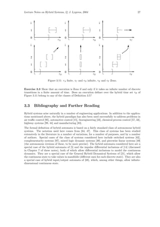 Lecture Notes on Hybrid Systems, c J. Lygeros, 2004                                                  27



      i                             i                             i

      1                             1                             1

      0                             0                             0
                             τA                              τB                               τC

      i                             i                             i



      2                             2                             2

      1                             1                             1

      0                             0                             0
                              τD                             τE                               τF

                     Figure 3.11: τA ﬁnite, τC and τD inﬁnite, τE and τF Zeno.


Exercise 3.3 Show that an execution is Zeno if and only if it takes an inﬁnite number of discrete
transitions in a ﬁnite amount of time. Does an execution deﬁner over the hybrid time set τB of
Figure 3.11 belong to any of the classes of Deﬁnition 3.5?


3.3       Bibliography and Further Reading
Hybrid systems arise naturally in a number of engineering applications. In addition to the applica-
tions mentioned above, the hybrid paradigm has also been used successfully to address problems in
air traﬃc control [95], automotive control [15], bioengineering [23], chemical process control [57, 33],
highway systems [99, 44] and manufacturing [83].
The formal deﬁnition of hybrid automata is based on a fairly standard class of autonomous hybrid
systems. The notation used here comes from [64, 47]. This class of systems has been studied
extensively in the literature in a number of variations, for a number of purposes, and by a number
of authors. Special cases of the class of systems considered here include switched systems [82],
complementarity systems [97], mixed logic dynamic systems [39], and piecewise linear systems [49]
(the autonomous versions of these, to be more precise). The hybrid automata considered here are a
special case of the hybrid automata of [5] and the impulse diﬀerential inclusions of [14] (discussed
in Chapter 7 of these notes), both of which allow diﬀerential inclusions to model the continuous
dynamics. They are a special case of the General Hybrid Dynamical Systems of [21], which allow
the continuous state to take values in manifolds (diﬀerent ones for each discrete state). They are also
a special case of hybrid input/output automata of [68], which, among other things, allow inﬁnite-
dimensional continuous state.
 