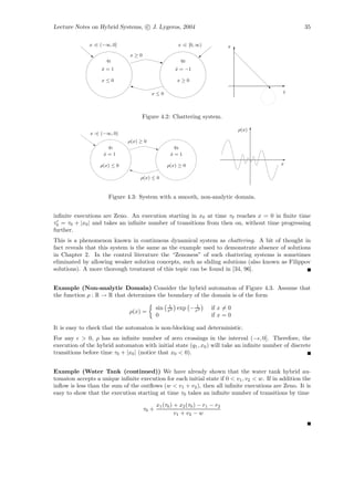 Lecture Notes on Hybrid Systems, c J. Lygeros, 2004                                                  35

              x :∈ (−∞, 0]                             x :∈ [0, ∞)         x
                              x≥0
                     q1                                    q2
                   x=1
                   ˙                                  x = −1
                                                      ˙

                   x≤0                                 x≥0

                                         x≤0                                                t




                                    Figure 4.2: Chattering system.

                                                                                ρ(x)
              x :∈ (−∞, 0)
                              ρ(x) ≥ 0
                      q1                              q2
                    x=1
                    ˙                             x=1
                                                  ˙

                  ρ(x) ≤ 0                       ρ(x) ≥ 0                                   x

                                   ρ(x) ≤ 0



                      Figure 4.3: System with a smooth, non-analytic domain.


inﬁnite executions are Zeno. An execution starting in x0 at time τ0 reaches x = 0 in ﬁnite time
τ0 = τ0 + |x0 | and takes an inﬁnite number of transitions from then on, without time progressing
further.
This is a phenomenon known in continuous dynamical system as chattering. A bit of thought in
fact reveals that this system is the same as the example used to demonstrate absence of solutions
in Chapter 2. In the control literature the “Zenoness” of such chattering systems is sometimes
eliminated by allowing weaker solution concepts, such as sliding solutions (also known as Filippov
solutions). A more thorough treatment of this topic can be found in [34, 96].


Example (Non-analytic Domain) Consider the hybrid automaton of Figure 4.3. Assume that
the function ρ : R → R that determines the boundary of the domain is of the form
                                                 1           1
                                           sin   x2    exp − x2      if x = 0
                              ρ(x) =
                                           0                         if x = 0

It is easy to check that the automaton is non-blocking and deterministic.
For any > 0, ρ has an inﬁnite number of zero crossings in the interval (− , 0]. Therefore, the
execution of the hybrid automaton with initial state (q1 , x0 ) will take an inﬁnite number of discrete
transitions before time τ0 + |x0 | (notice that x0 < 0).


Example (Water Tank (continued)) We have already shown that the water tank hybrid au-
tomaton accepts a unique inﬁnite execution for each initial state if 0 < v1 , v2 < w. If in addition the
inﬂow is less than the sum of the outﬂows (w < v1 + v2 ), then all inﬁnite executions are Zeno. It is
easy to show that the execution starting at time τ0 takes an inﬁnite number of transitions by time

                                           x1 (τ0 ) + x2 (τ0 ) − r1 − r2
                                    τ0 +
                                                    v1 + v2 − w
 