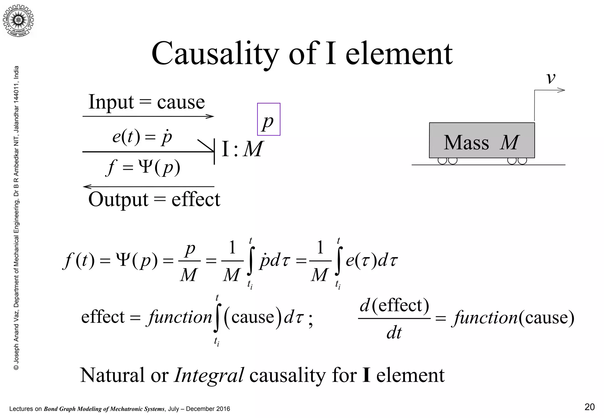 Lectures on Bond Graph Modeling of Mechatronic Systems, July – December 2016
©JosephAnandVaz,DepartmentofMechanicalEngineering,DrBRAmbedkarNIT,Jalandhar144011,India
20
Output = effect
Input = cause
Causality of I element
( )e t p= 
I : M
( )f p= Ψ
p
Mass M
v
1 1
( ) ( ) ( )
i i
t t
t t
p
f t p pd e d
M M M
τ τ τ=Ψ = = =∫ ∫
(effect)
(cause)
d
function
dt
=( )effect cause
i
t
t
function dτ= ∫
Natural or Integral causality for I element
;
 