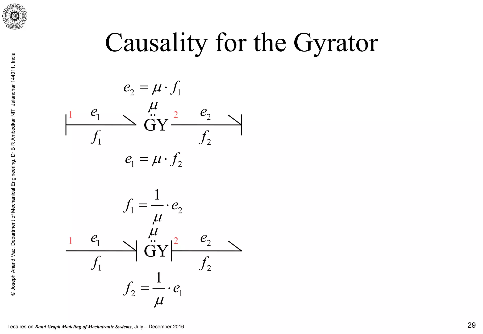 Lectures on Bond Graph Modeling of Mechatronic Systems, July – December 2016
©JosephAnandVaz,DepartmentofMechanicalEngineering,DrBRAmbedkarNIT,Jalandhar144011,India
29
Causality for the Gyrator
1e1 2 2e
1f 2f
2 1e fµ= ⋅
GY
1 2e fµ= ⋅
µ

1e1 2 2e
1f 2f
1 2
1
f e
µ
= ⋅
GY
µ

2 1
1
f e
µ
= ⋅
 