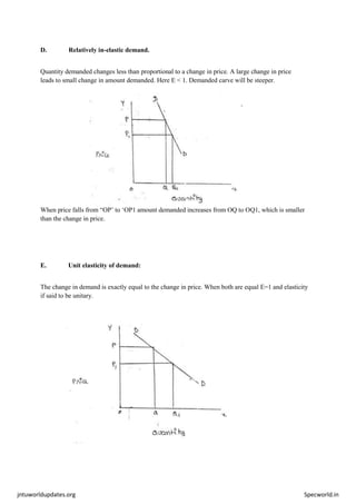 jntuworldupdates.org Specworld.in
D. Relatively in-elastic demand.
Quantity demanded changes less than proportional to a change in price. A large change in price
leads to small change in amount demanded. Here E < 1. Demanded carve will be steeper.
When price falls from “OP’ to ‘OP1 amount demanded increases from OQ to OQ1, which is smaller
than the change in price.
E. Unit elasticity of demand:
The change in demand is exactly equal to the change in price. When both are equal E=1 and elasticity
if said to be unitary.
 