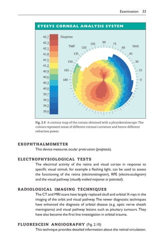 Examination 33
Fig. 2.90A contour map of the cornea obtained with a photokeratoscope.The
colours represent areas of different corneal curvature and hence different
refractive power.
Dioptres
EYESYS CORNEAL ANALYSIS SYSTEM
42.7
42.3
42.1
41.8
41.5
41.2
40.9
40.6
40.3
40.0
39.7
39.5
39.2
39.0
90
0
NAS
15
30
45
60
75
180
TMP
165
150
135
120
105
EXOPHTHALMOMETER
This device measures ocular protrusion (proptosis).
ELECTROPHYSIOLOGICAL0TESTS
The electrical activity of the retina and visual cortex in response to
specific visual stimuli, for example a flashing light, can be used to assess
the functioning of the retina (electroretinogram), RPE (electro-oculogram)
and the visual pathway (visually evoked response or potential).
RADIOLOGICAL0IMAGING0TECHNIQUES
The CT and MRI scans have largely replaced skull and orbital X-rays in the
imaging of the orbit and visual pathway. The newer diagnostic techniques
have enhanced the diagnosis of orbital disease (e.g. optic nerve sheath
meningioma) and visual pathway lesions such as pituitary tumours. They
have also become the first line investigation in orbital trauma.
FLUORESCEIN0ANGIOGRAPHY (Fig. 2.10)
This technique provides detailed information about the retinal circulation.
 