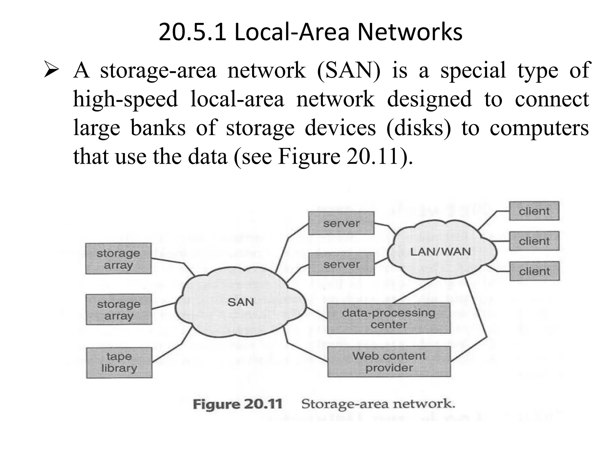20.5.1 Local-Area Networks ➢ A storage-area network (SAN) is a special type of high-speed local-area network designed to connect large banks of storage devices (disks) to computers that use the data (see Figure 20.11). 