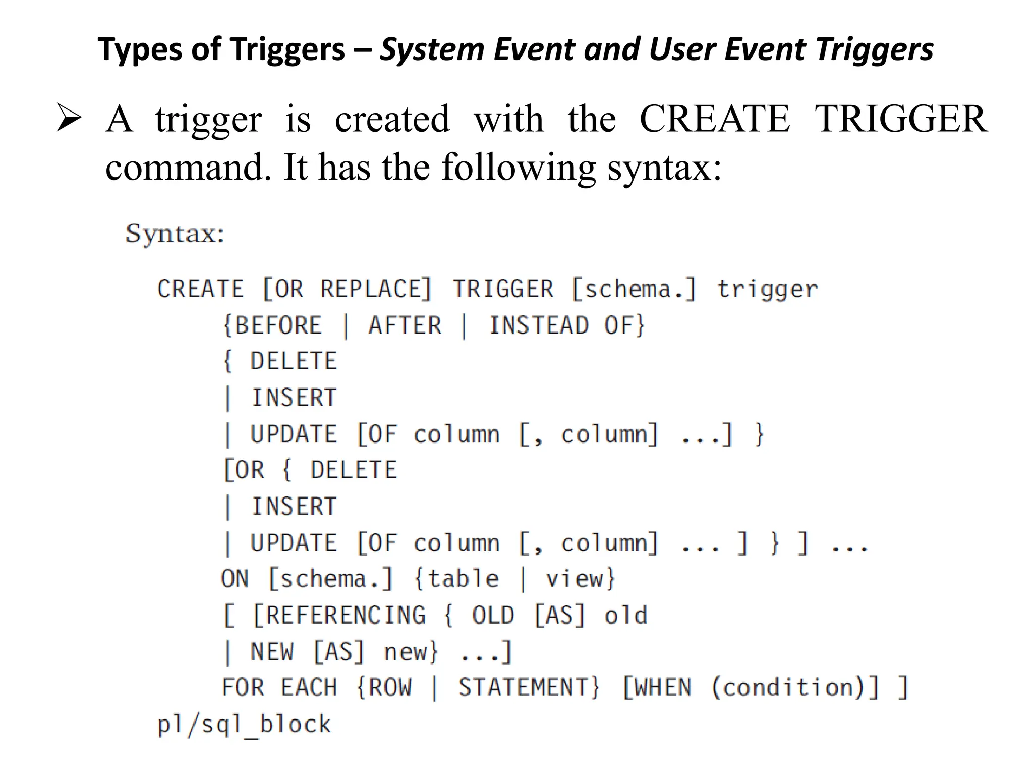 Types of Triggers – System Event and User Event Triggers
➢ A trigger is created with the CREATE TRIGGER
command. It has the following syntax:
 