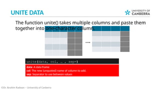 UNITE DATA
©Dr. Ibrahim Radwan – University of Canberra
unite(data, col, … , sep=)
The function unite() takes multiple columns and paste them
together into one-character column.
data: A data frame
col: The new (unquoted) name of column to add.
sep: Separator to use between values
 