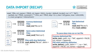 DATA IMPORT (RECAP)
©Dr. Ibrahim Radwan – University of Canberra
Comma Delimited
Files
read_csv("file.csv")
Semi-colon Delimited
Files
read_csv2("file2.csv")
Files with Any Delimiter
read_delim("file.txt", delim =
"|")
Tab Delimited
Files
read_tsv("file.tsv")
Also read_table()
Comma delimited file
write_csv(x, path, na = "NA", append = FALSE,
col_names = !append)
File with arbitrary delimiter
write_delim(x, path, delim = " ", na = "NA",
append = FALSE, col_names = !append)
To save data into csv or txt file
 