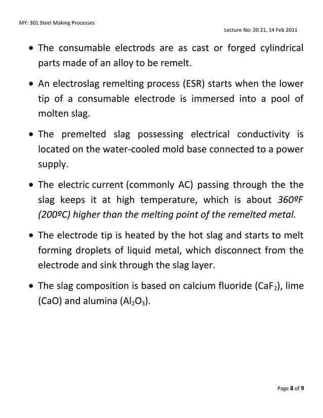 Steel MAking Lecture Vacuum Degassing, VOD, LadleDeS, ESR PDF