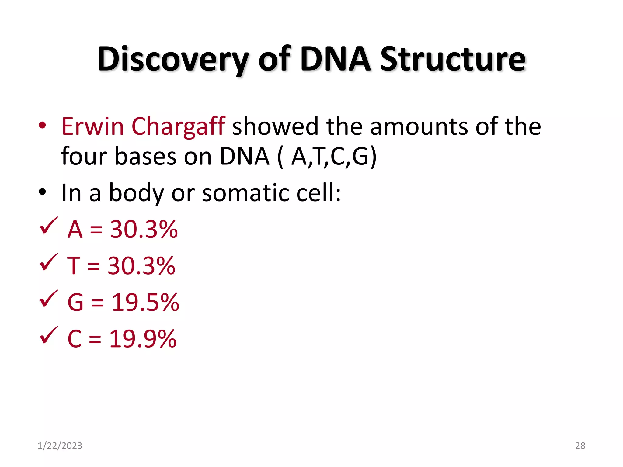 Discovery of DNA Structure
• Erwin Chargaff showed the amounts of the
four bases on DNA ( A,T,C,G)
• In a body or somatic cell:
 A = 30.3%
 T = 30.3%
 G = 19.5%
 C = 19.9%
1/22/2023 28
 