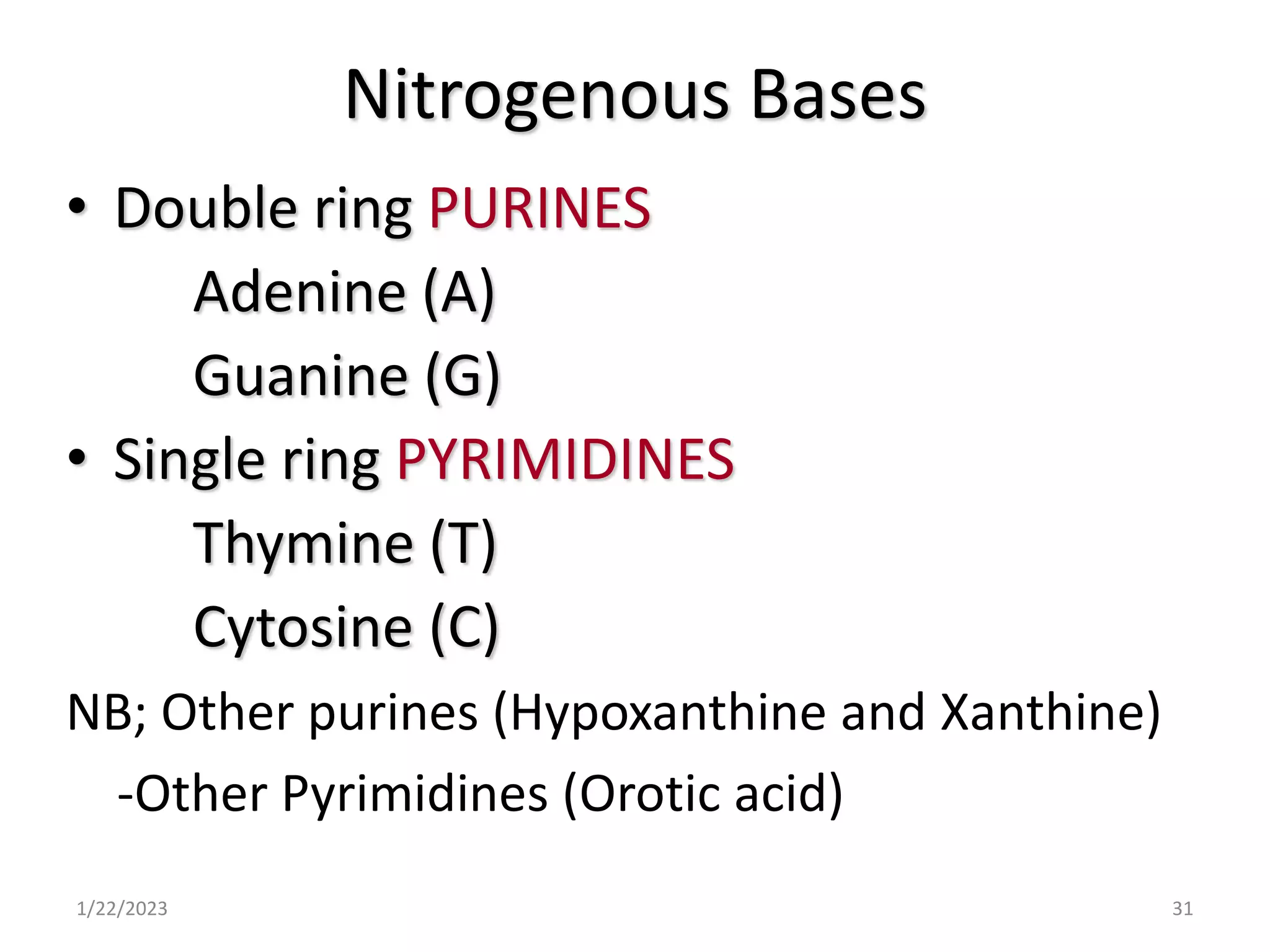 Nitrogenous Bases
• Double ring PURINES
Adenine (A)
Guanine (G)
• Single ring PYRIMIDINES
Thymine (T)
Cytosine (C)
NB; Other purines (Hypoxanthine and Xanthine)
-Other Pyrimidines (Orotic acid)
1/22/2023 31
 
