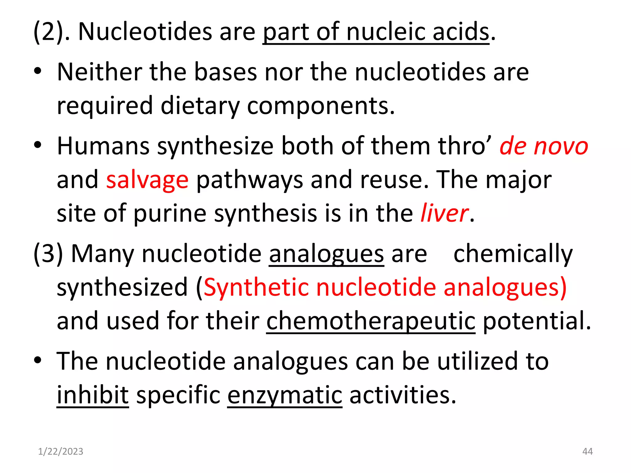 1/22/2023 44
(2). Nucleotides are part of nucleic acids.
• Neither the bases nor the nucleotides are
required dietary components.
• Humans synthesize both of them thro’ de novo
and salvage pathways and reuse. The major
site of purine synthesis is in the liver.
(3) Many nucleotide analogues are chemically
synthesized (Synthetic nucleotide analogues)
and used for their chemotherapeutic potential.
• The nucleotide analogues can be utilized to
inhibit specific enzymatic activities.
 