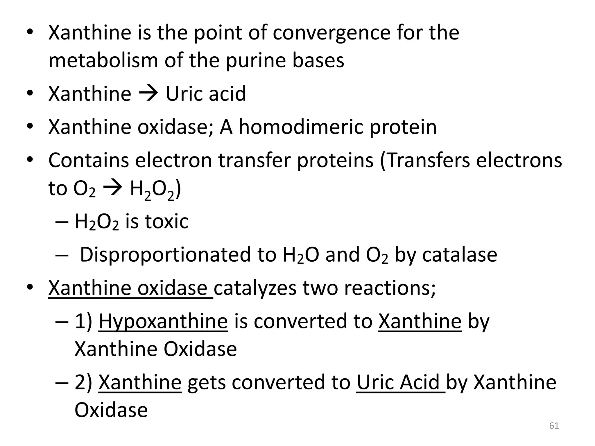 • Xanthine is the point of convergence for the
metabolism of the purine bases
• Xanthine  Uric acid
• Xanthine oxidase; A homodimeric protein
• Contains electron transfer proteins (Transfers electrons
to O2  H2O2)
– H2O2 is toxic
– Disproportionated to H2O and O2 by catalase
• Xanthine oxidase catalyzes two reactions;
– 1) Hypoxanthine is converted to Xanthine by
Xanthine Oxidase
– 2) Xanthine gets converted to Uric Acid by Xanthine
Oxidase
61
 