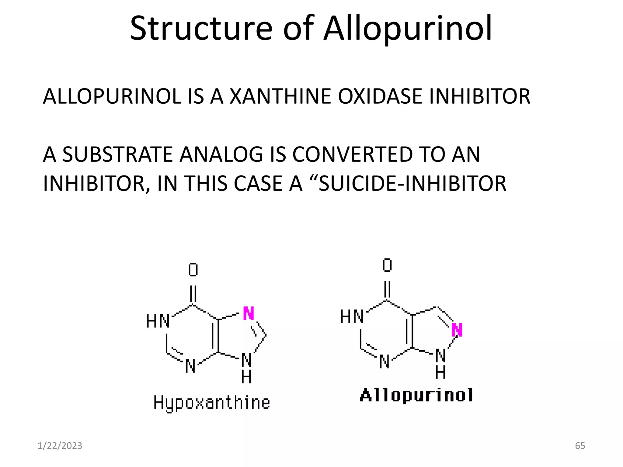 Structure of Allopurinol
1/22/2023 65
ALLOPURINOL IS A XANTHINE OXIDASE INHIBITOR
A SUBSTRATE ANALOG IS CONVERTED TO AN
INHIBITOR, IN THIS CASE A “SUICIDE-INHIBITOR
 