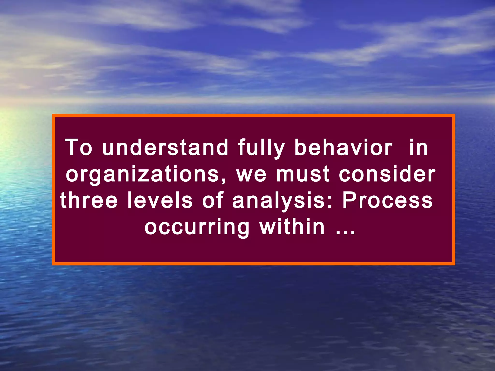 To understand fully behavior in
organizations, we must consider
three levels of analysis: Process
occurring within …

 