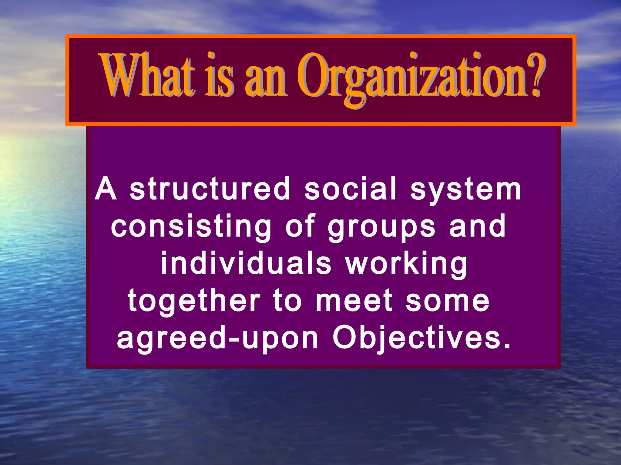 A structured social system
consisting of groups and
individuals working
together to meet some
agreed-upon Objectives.

 
