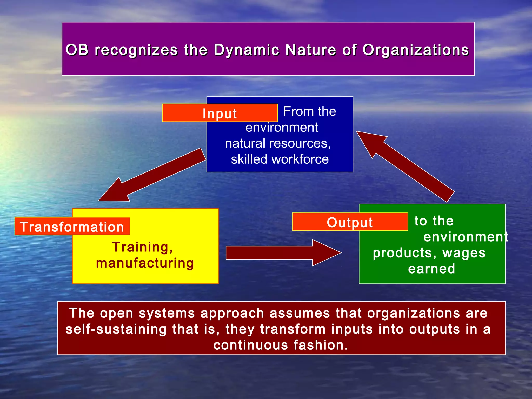 OB recognizes the Dynamic Nature of Organizations

From the
environment
natural resources,
skilled workforce

Input

Transformation
Training,
manufacturing

Output

to the
environment
products, wages
earned

The open systems approach assumes that organizations are
self-sustaining that is, they transform inputs into outputs in a
continuous fashion.

 