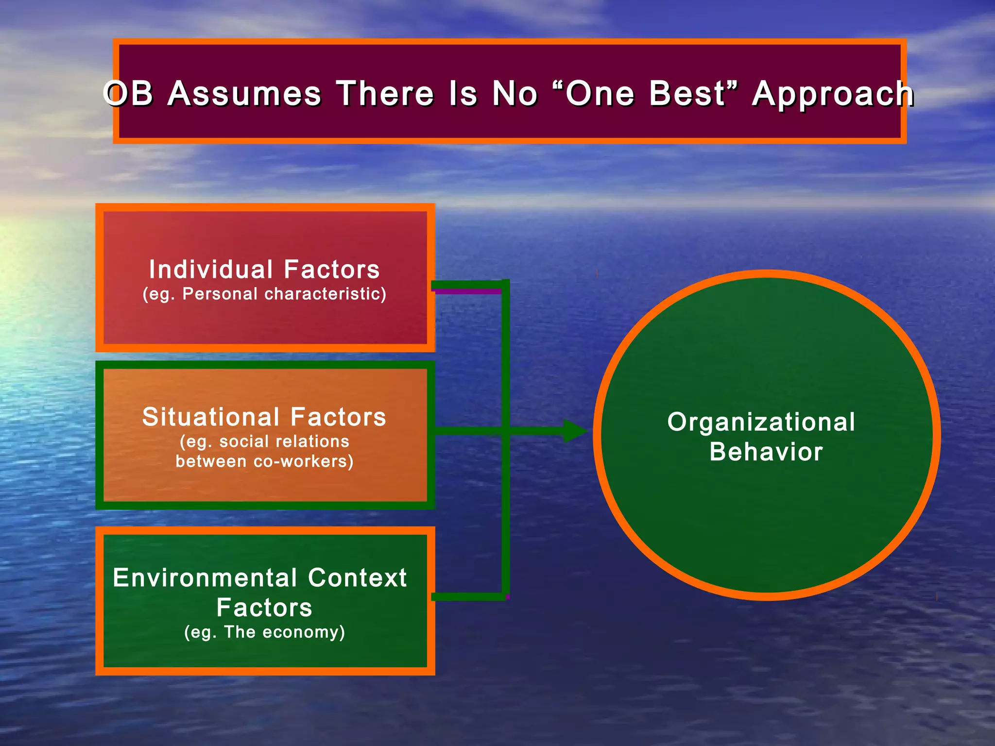 OB Assumes There Is No “One Best” Approach

Individual Factors

(eg. Personal characteristic)

Situational Factors
(eg. social relations
between co-workers)

Environmental Context
Factors
(eg. The economy)

Organizational
Behavior

 