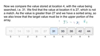 Now we compare the value stored at location 4, with the value being
searched, i.e. 31. We find that the value at location 4 is 27, which is not
a match. As the value is greater than 27 and we have a sorted array, so
we also know that the target value must be in the upper portion of the
array.
 