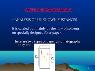 PAPER CHROMATOGRAPHYPAPER CHROMATOGRAPHY
•• ANALYSIS OF UNKNOWN SUSTANCESANALYSIS OF UNKNOWN SUSTANCES
It is carried out mainly by the flow of solvents
on specially designed filter paper.
There are two types of paper chromatography,There are two types of paper chromatography,
they are:they are:
1212
 