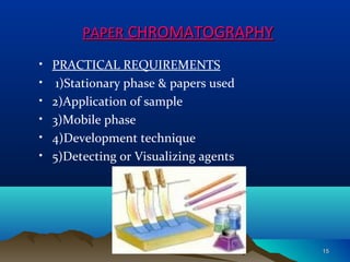 PAPERPAPER CHROMATOGRAPHYCHROMATOGRAPHY
• PRACTICAL REQUIREMENTS
• 1)Stationary phase & papers used
• 2)Application of sample
• 3)Mobile phase
• 4)Development technique
• 5)Detecting or Visualizing agents
1515
 