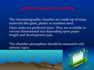 CHROMATOGRAPHIC CHAMBERCHROMATOGRAPHIC CHAMBER
The chromatographic chamber are made up of many
materials like glass, plastic or stainless steel.
Glass tanks are preferred most. They are available in
various dimensional size depending upon paper
length and development type.
The chamber atmosphere should be saturated with
solvent vapor.
2323
 