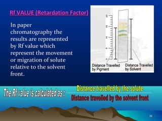 Rf VALUE (Retardation Factor)Rf VALUE (Retardation Factor)
In paper
chromatography the
results are represented
by Rf value which
represent the movement
or migration of solute
relative to the solvent
front.
3838
 