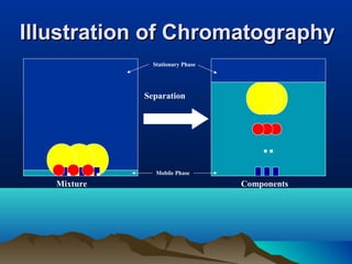 Illustration of ChromatographyIllustration of Chromatography
Mixture Components
Separation
Stationary Phase
Mobile Phase
 