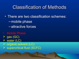 Classification of MethodsClassification of Methods
• There are two classification schemes:
–mobile phase
–attractive forces
• Mobile Phase
 gas (GC)
 water (LC)
 organic solvent (LC)
 supercritical fluid (SCFC)
 