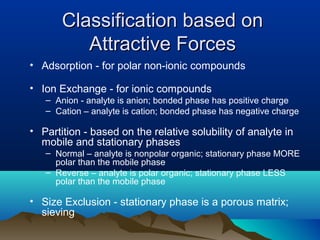 Classification based onClassification based on
Attractive ForcesAttractive Forces
• Adsorption - for polar non-ionic compounds
• Ion Exchange - for ionic compounds
– Anion - analyte is anion; bonded phase has positive charge
– Cation – analyte is cation; bonded phase has negative charge
• Partition - based on the relative solubility of analyte in
mobile and stationary phases
– Normal – analyte is nonpolar organic; stationary phase MORE
polar than the mobile phase
– Reverse – analyte is polar organic; stationary phase LESS
polar than the mobile phase
• Size Exclusion - stationary phase is a porous matrix;
sieving
 