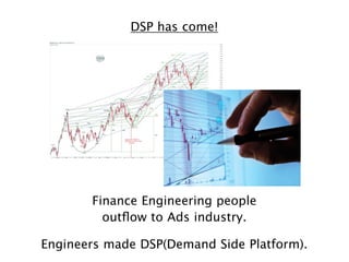 DSP has come!

Finance Engineering people
outﬂow to Ads industry.
Engineers made DSP(Demand Side Platform).

 