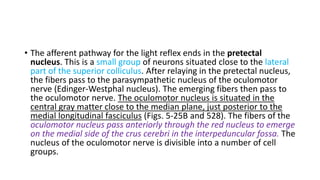 • The afferent pathway for the light reflex ends in the pretectal
nucleus. This is a small group of neurons situated close to the lateral
part of the superior colliculus. After relaying in the pretectal nucleus,
the fibers pass to the parasympathetic nucleus of the oculomotor
nerve (Edinger-Westphal nucleus). The emerging fibers then pass to
the oculomotor nerve. The oculomotor nucleus is situated in the
central gray matter close to the median plane, just posterior to the
medial longitudinal fasciculus (Figs. 5-25B and 528). The fibers of the
oculomotor nucleus pass anteriorly through the red nucleus to emerge
on the medial side of the crus cerebri in the interpeduncular fossa. The
nucleus of the oculomotor nerve is divisible into a number of cell
groups.
 