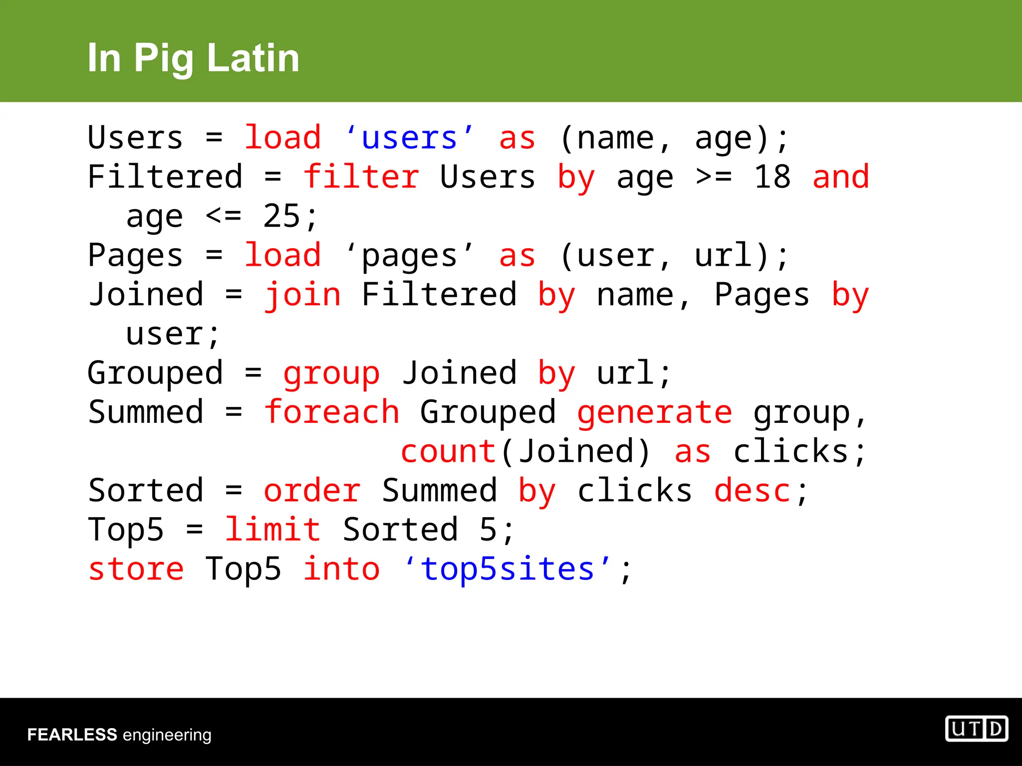 FEARLESS engineering In Pig Latin Users = load ‘users’ as (name, age); Filtered = filter Users by age >= 18 and age <= 25; Pages = load ‘pages’ as (user, url); Joined = join Filtered by name, Pages by user; Grouped = group Joined by url; Summed = foreach Grouped generate group, count(Joined) as clicks; Sorted = order Summed by clicks desc; Top5 = limit Sorted 5; store Top5 into ‘top5sites’; 